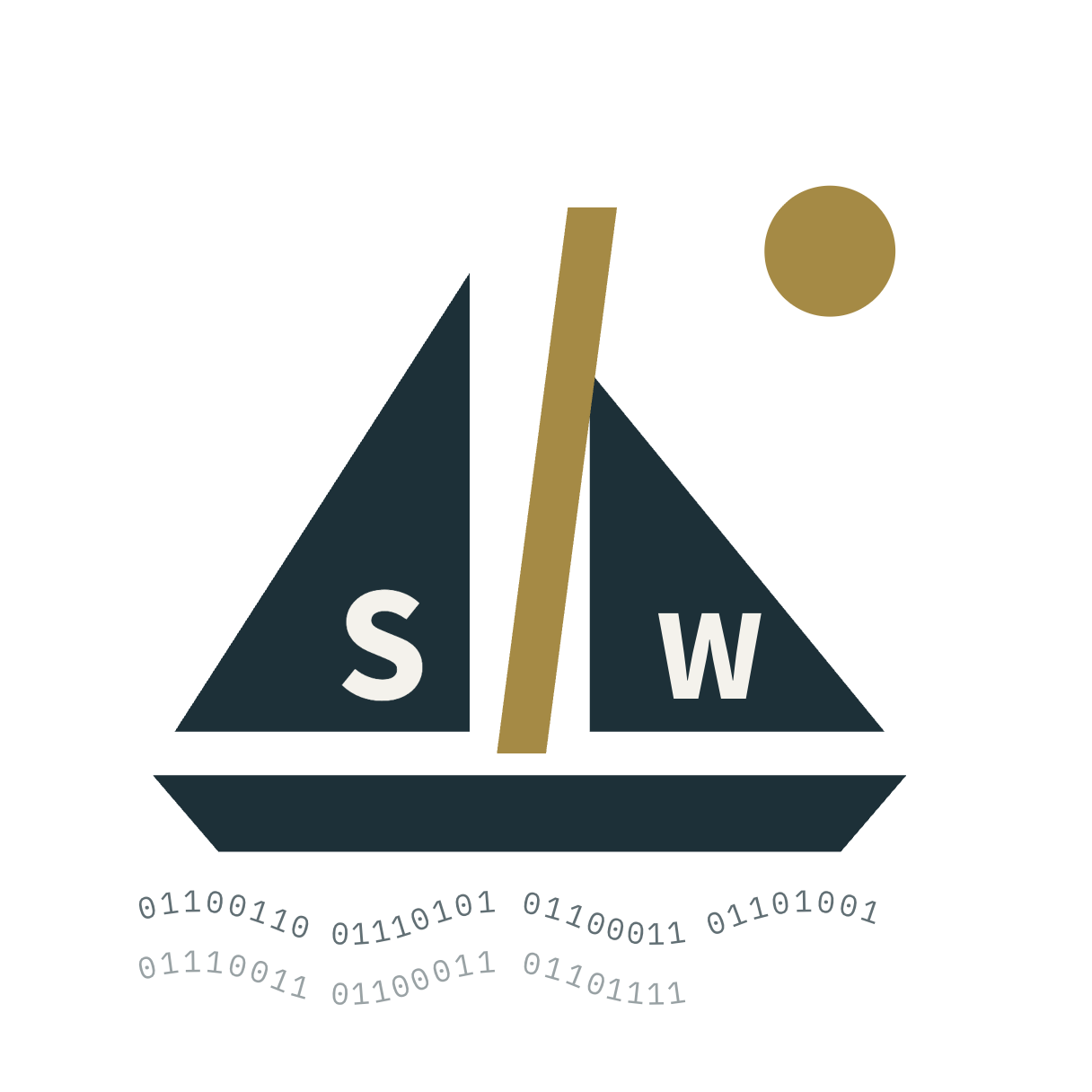The Shipwright mark: a sailboat over a sea of ones and zeros